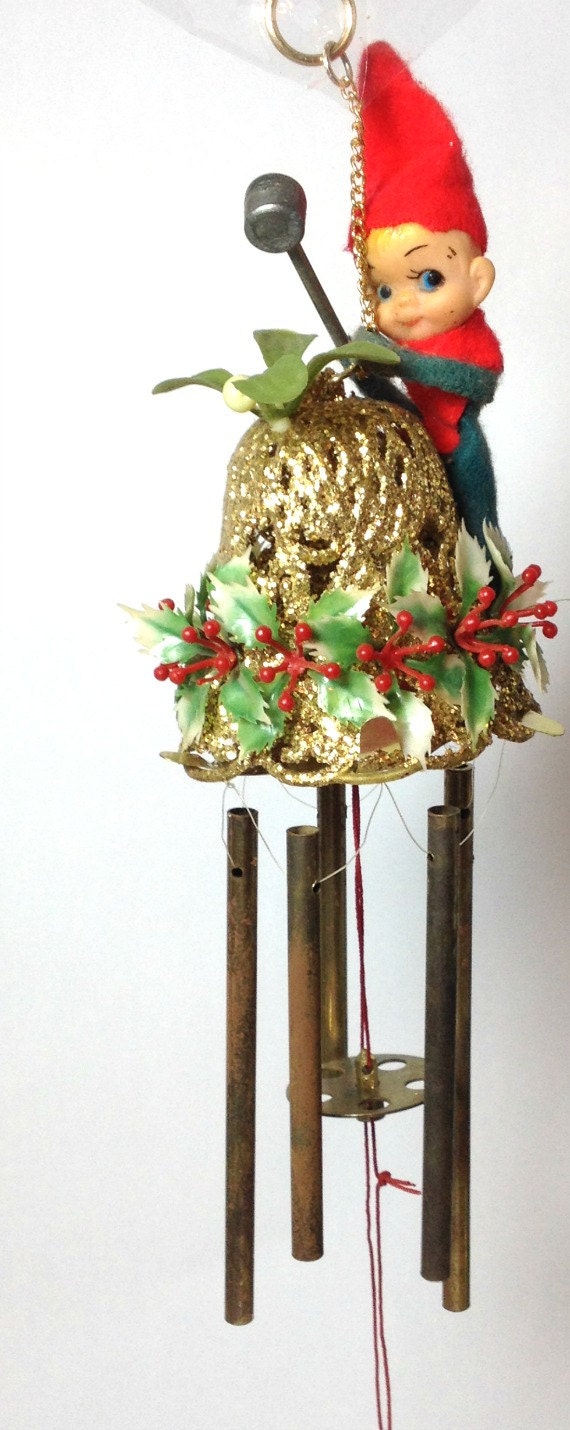vintage retro elf pixie christmas wind chimes holly berry vintage retro elf pixie christmas wind chimes holly berry