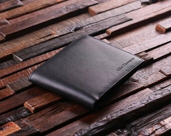 Personalized Monogrammed Engraved Genuine Leather Bifold Mens Wallet with Optional Wood Gift Box Groomsmen, Best Man, Father's Day Gift