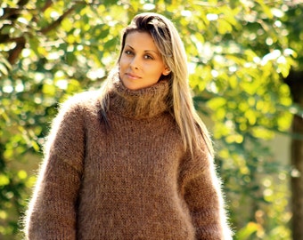 Hand Knitted Mohair Sweater BROWN Mix Fuzzy Turtleneck Jumper Pullover Jersey MADE to ORDER