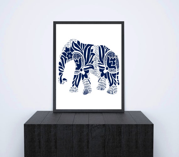 Items similar to Printable Wall Art, Blue and White Elephant, Floral