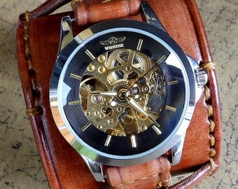 Watch Cuff, Steampunk Leather Watch, Men's watch, Leather Wrist Watch ...