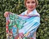Handpainted silk scarf with a fabulous town - Perfect silk accessory for any women  - Large hand painted silk shawl - Christmas Present