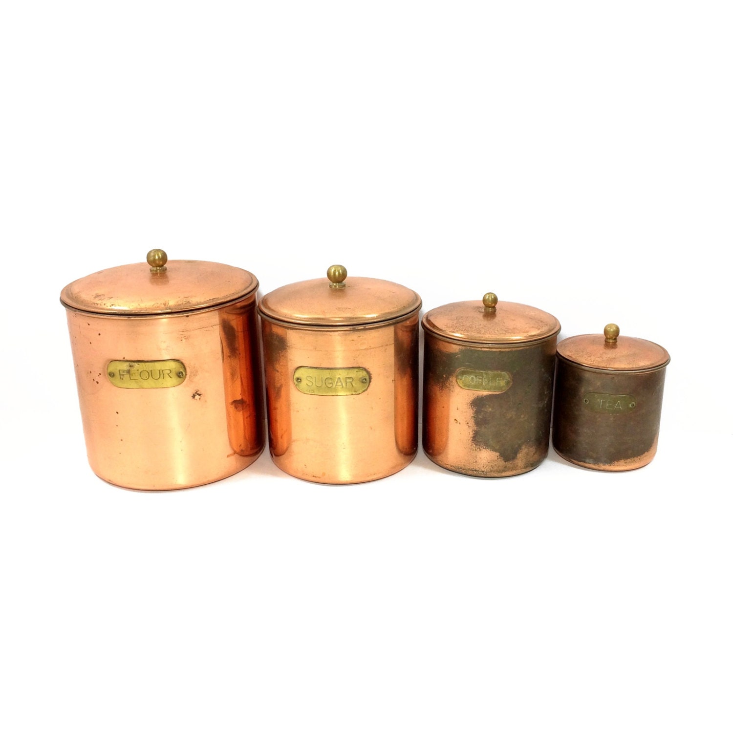 Set of 4 Vintage Copper Canisters with Brass Labels and Knobs