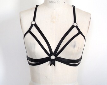 Magdalena Harness Bra, Black Elastic Bra, Cage Harness, Cage Bra, Fetish wear, Open Cup Bra, Bondage Inspired, Gothic Lingerie, Risque
