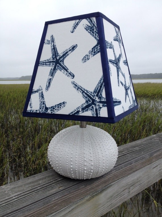 White Sea Urchin Table Lamp with Blue and White Starfish Lampshade