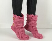 Items similar to Women's Crochet Pink Slipper Boots, Crochet Slippers ...