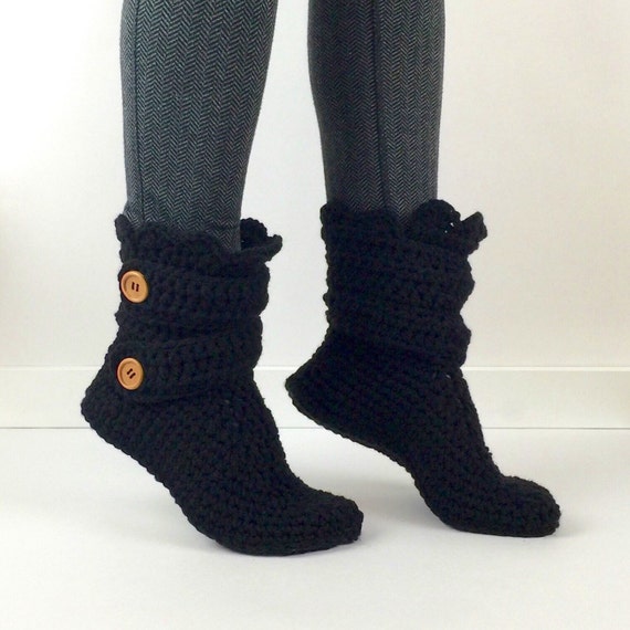 Items similar to Women's Crochet Black Slipper Boots, Crochet Slippers ...