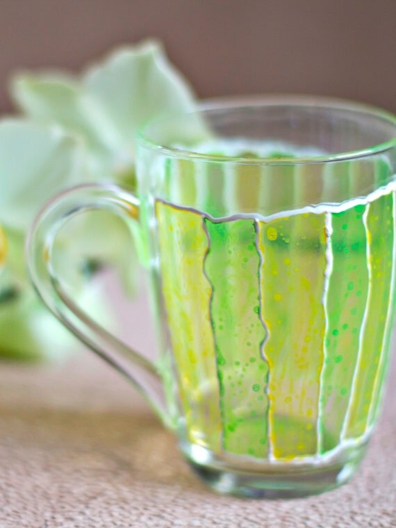 Hand painted mug with yellow and green stripes. Stainedglass