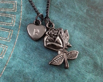 Black Rose Necklace, Custom Valentine's Day Gift, Personalized Necklace, Black Heart Pendant, Gothic Jewelry, Black Rose Charm Necklace