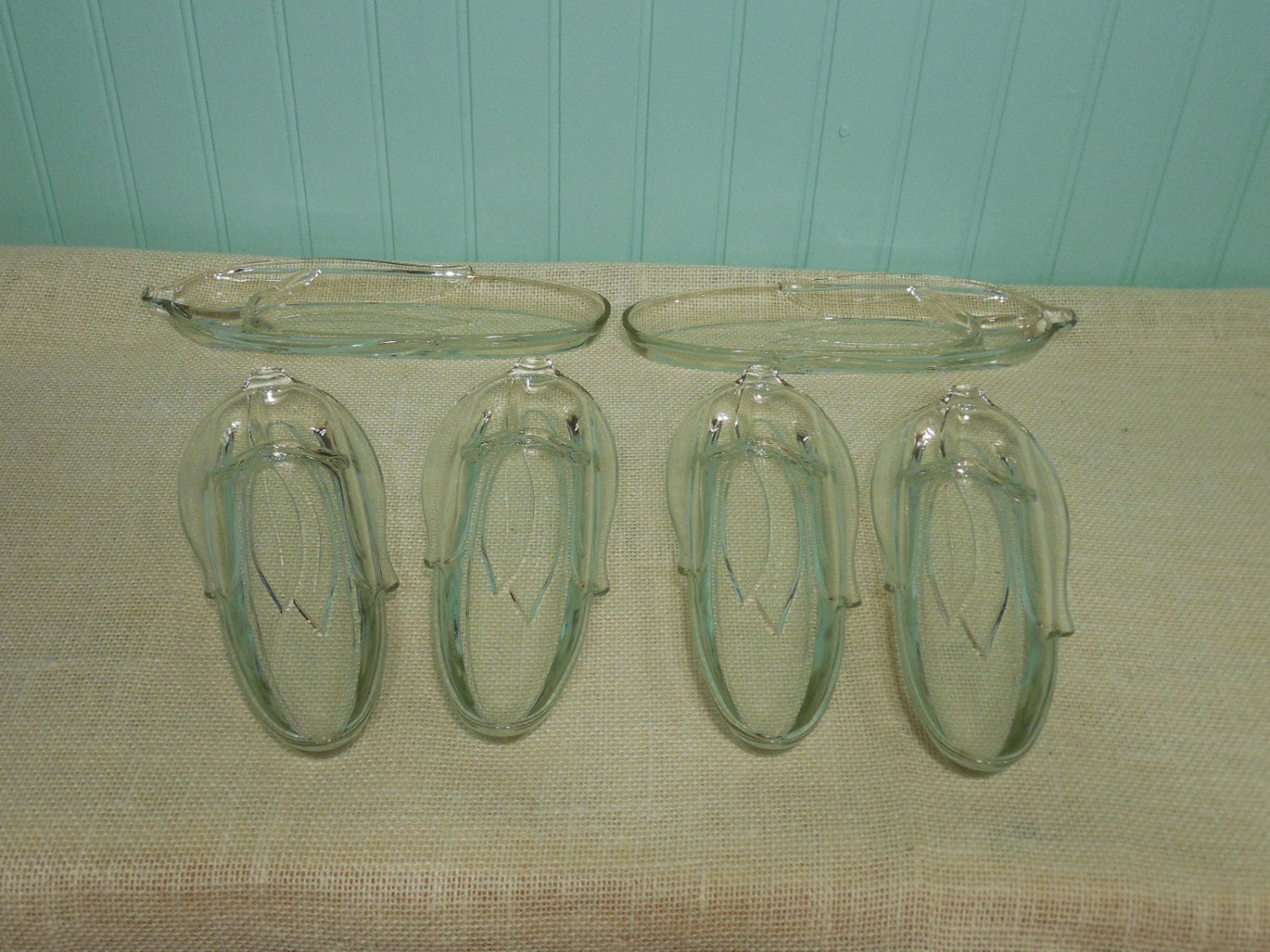 Vintage Clear Glass Corn Shaped Corn on the Cob Holders Set of 6