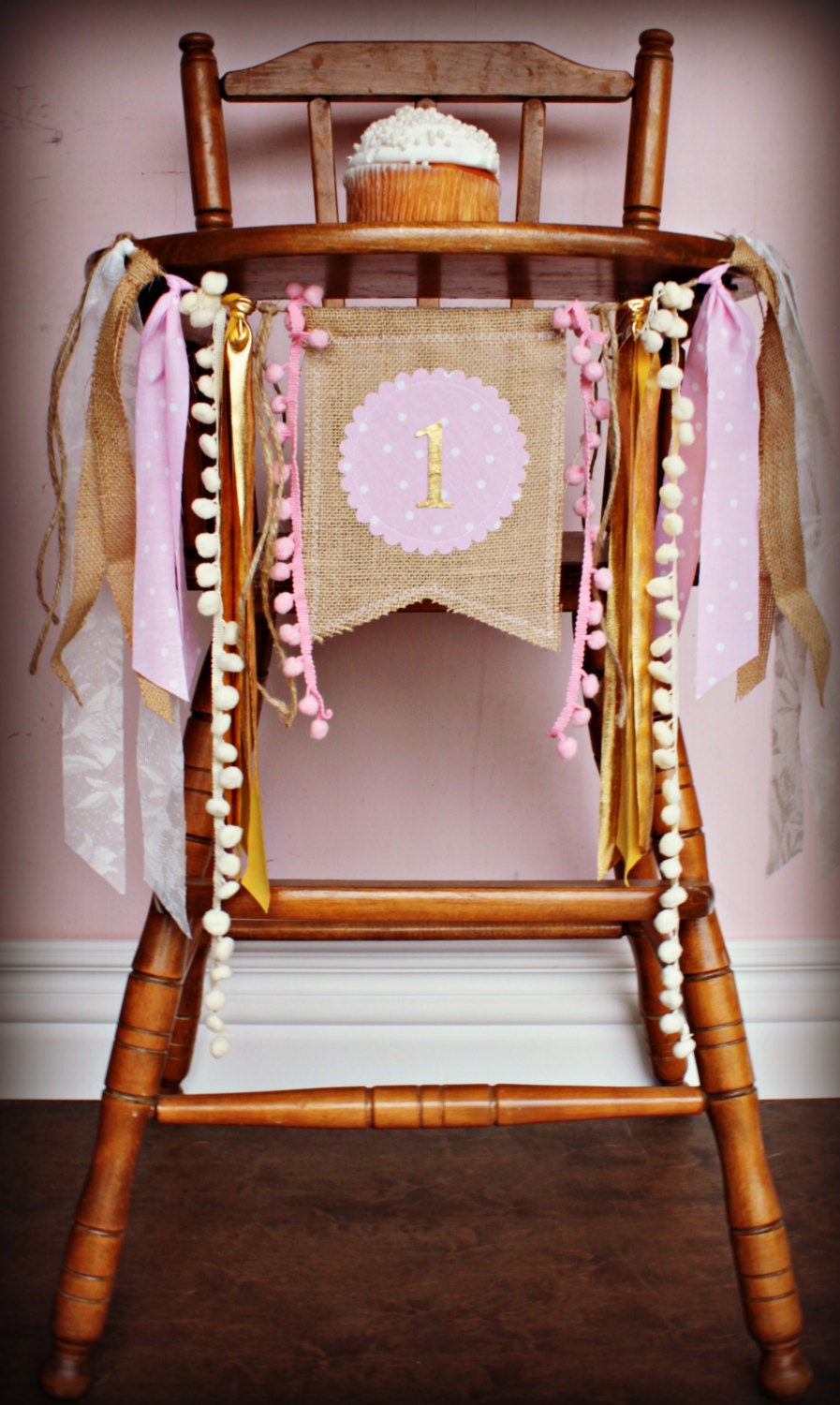 PINK AND GOLD Birthday High Chair Highchair Banner Party Photo