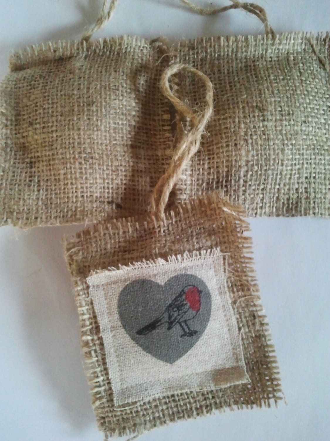 3 Rustic hessian square Christmas tree hanging decorations with robin and heart design