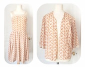 1950s strap dress with matching jacket, baroque print pleated short dress, 50s French vintage cute summer evening dress suit size S 6 8