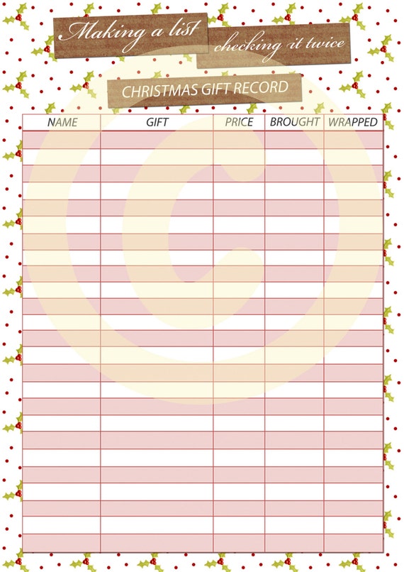 Items similar to Christmas Gift Record Printable Gift List Organiser ...