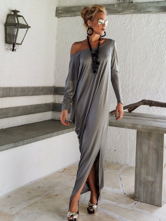 Gray Maxi Long Sleeve Dress / Gray Kaftan / Asymmetric Plus