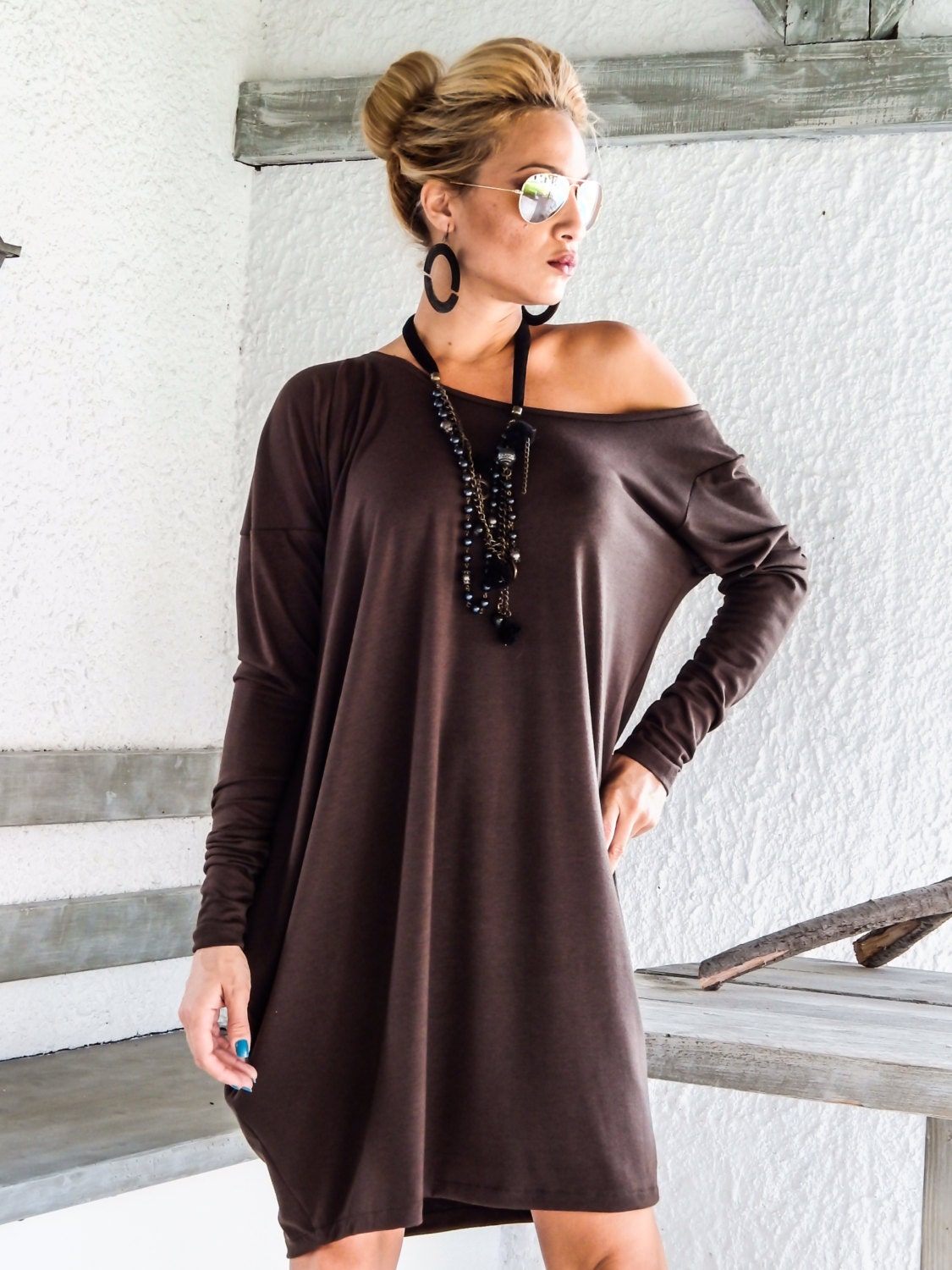 Brown Asymmetric Dress Blouse Tunic / Plus Size Dress