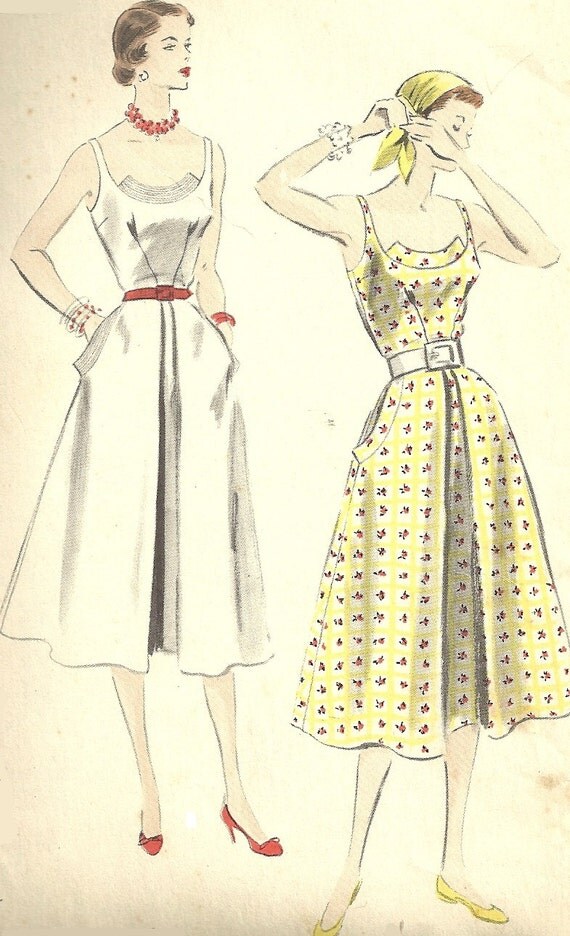 Items similar to Vintage Sun Dress Pattern, 50s Vogue, Shaped Neckline ...