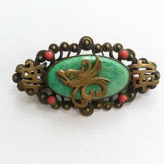 Max Neiger chinese phoenix brooch with Peking glass