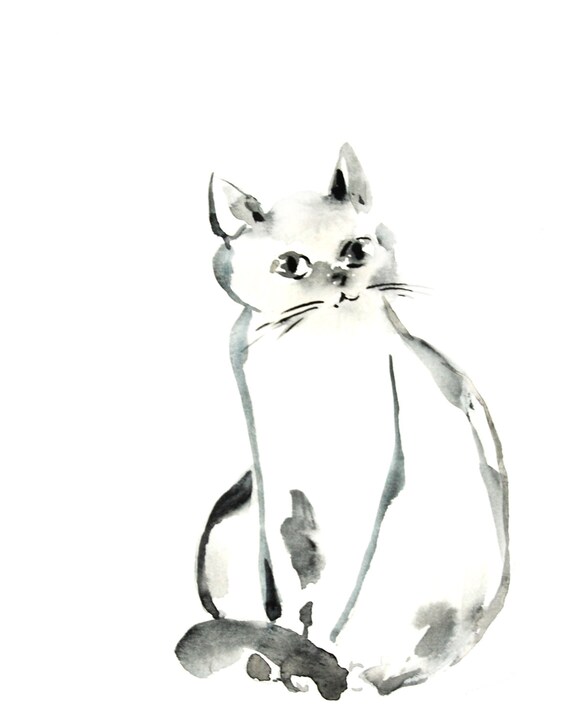  Minimalist  Cat  Watercolor Painting Art Print by 