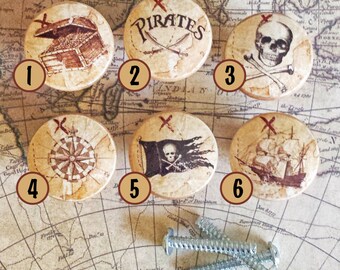 Handmade Pirate Knobs Drawer Pulls, Mix and Match Nautical Knobs, Dresser Knob Pulls, Chest, Jolly Roger, Ship, Compass, Made To Order