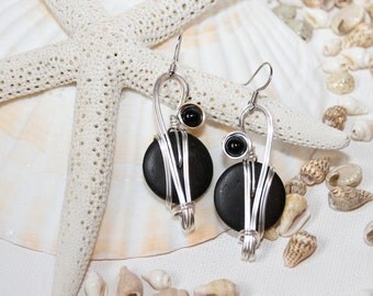 Long Black Earrings, Black Dangle Earrings, Black Onyx Jewelry, Wirework Earrings, Wire Wrapped Jewelry, Big Earrings, Long Earrings