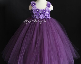 Dust Plum Eggplant Purple Violet Mixed Flower Girl Tutu Dress with a ...