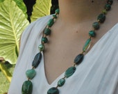 Unique Handmade Long Necklace Using Mixed Vintage and New Beads in Shades of Green with Four Claw Beads