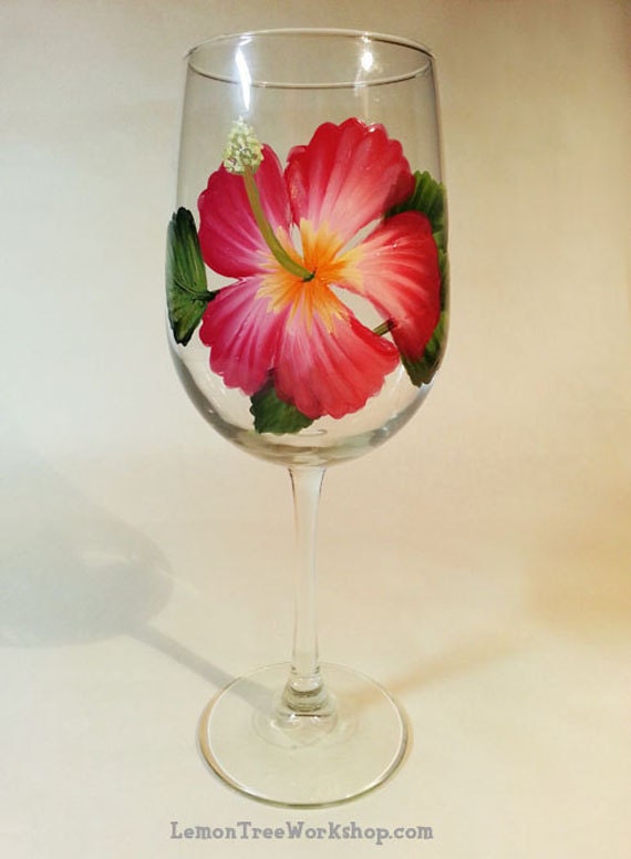 Hand Painted Hibiscus Wine Glass 18 5 Oz By Lemontreeworkshop