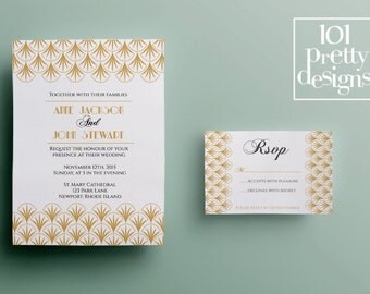 Gold art deco wedding invitation template, printable wedding invitation design, gatsby wedding invitation template elegant great gatsby