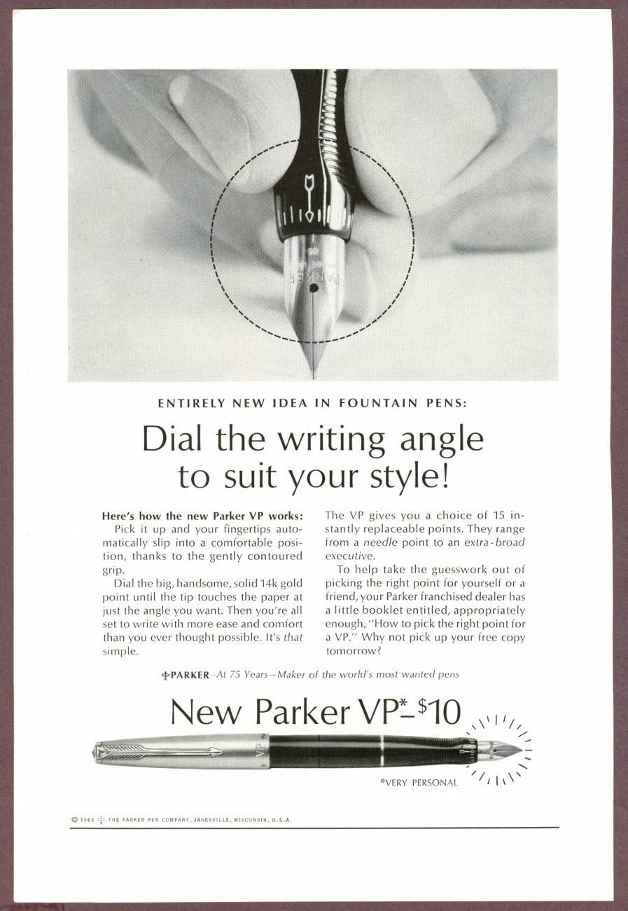 1963 Parker VP Fountain Pen Magazine Advertisement Ad Dial the