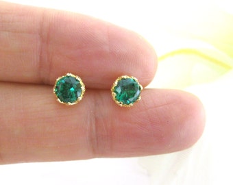 Emerald Green Earrings Cubic Zirconia Stud Earrings Wedding Jewelry Sparky Earrings Minimalist Jewelry Christmas Gift Gold Earrings (E106)