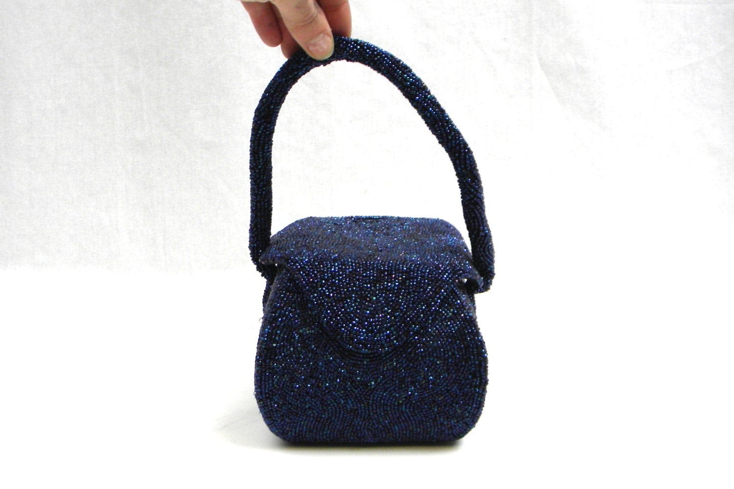 50s Navy Blue Beaded Evening Bag Beaded Box Purse Josef