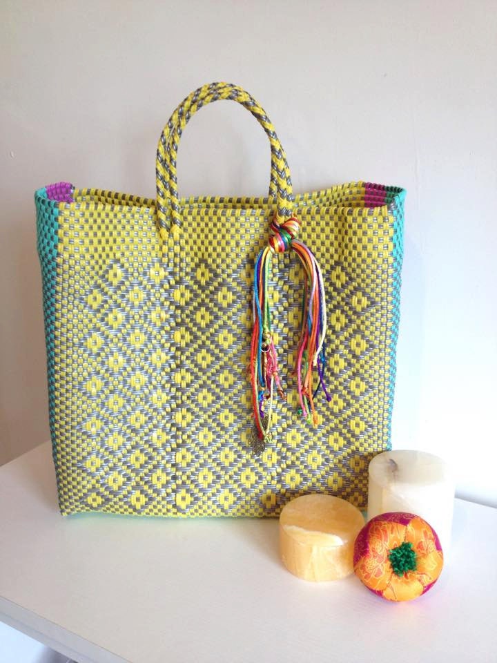 Handmade woven plastic tote bag mexican artisan oaxaca bag