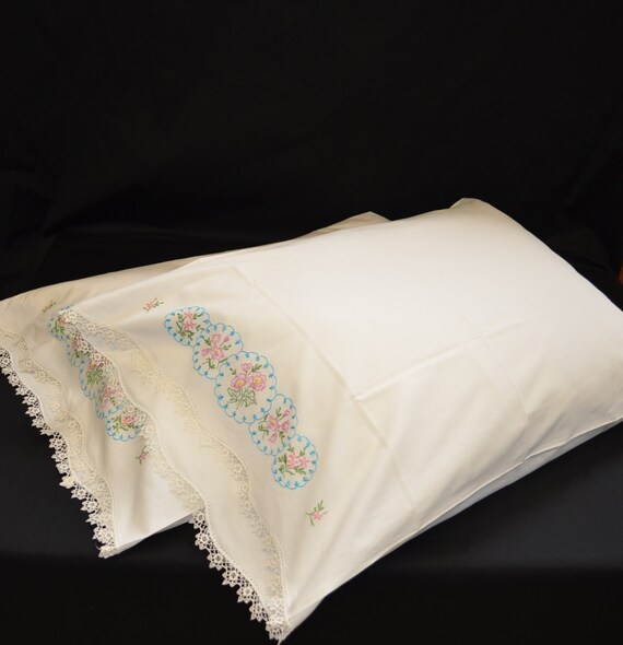 Vintage White Hand Embroidered Pair of Pillowcases Pillowcase