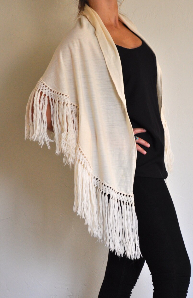 Native American/Bo-Ho inspired Vintage White Fringe Shawl/
