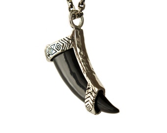 Claw Necklace Wrapped Talon Pendant Boho Jewelry Black Horn Bear Claw - FPE016