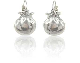 Pomegranate Earrings, Silver Pomegranate Earrings, Matte Silver Earrings, Pomegranate Jewelry, Judaic Jewelry, Judaic Earrings