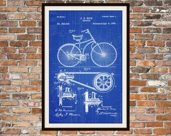Blueprint Art of Patent Bicycle 1890 Technical Drawings Engineering Drawings Patent Blue Print Art Item 0025