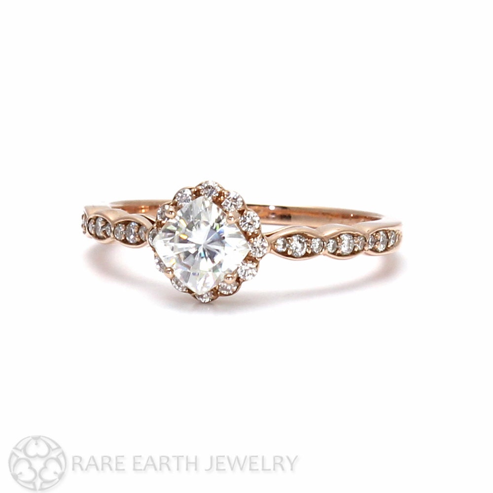 14K Rose Gold Moissanite Ring Diamond Halo Engagement by RareEarth