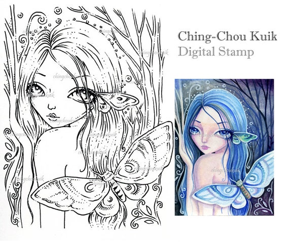 Enter The Woods - Digital Stamp Instant Download / Dryad Moth Fantasy Art by Ching-Chou Kuik