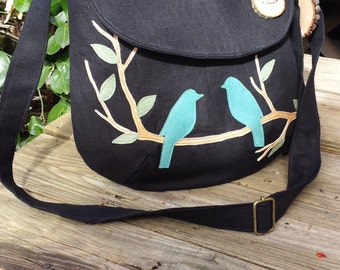 Bird Tote/ SALE Black Canvas Tote, Vegan Purse, 12" X 12" , 3 Large Interior Pocket, 1 Zipper pocket, Handbag, School Bag, Messenger