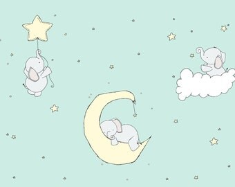 Déco Murale Tissu Éléphant Bébé – Lune Et Étoiles – Autocollant Amovible