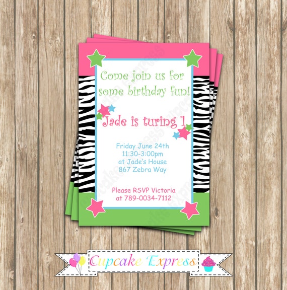DIY Zebra Fun Birthday Party PRINTABLE Invitation 5x7 pink green blue 2 Il_570xn