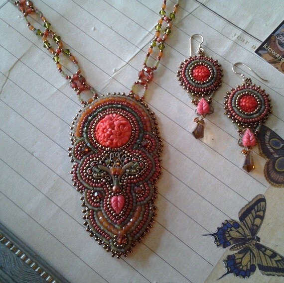 Items similar to Art Nouveau Art Deco Bead embroidery Vintage floral pressed glasscoral