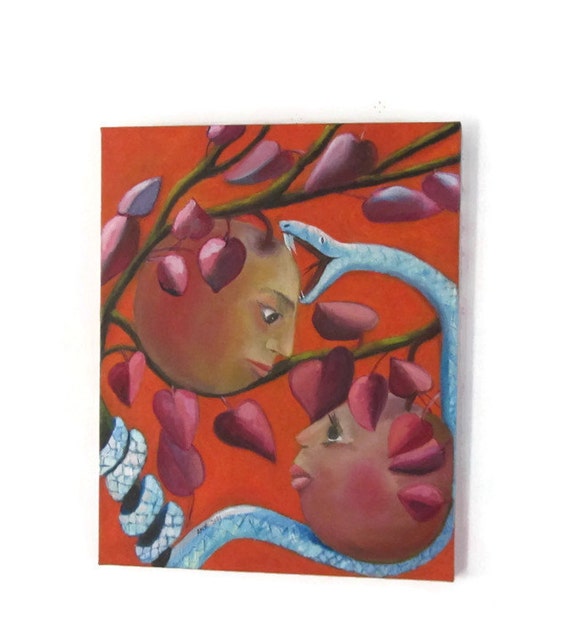 Original surreal painting oil on canvas. Story of the Garden of Eden in Genesis 2-3. Adam and Eve as apples on the Tree of the knowledge.