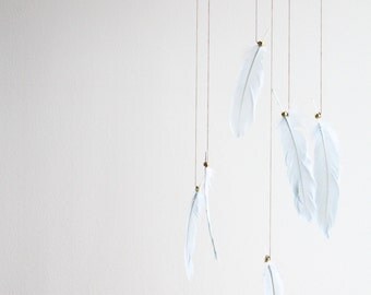 Light Blue Dreamcatcher Mobile - Brown Boho Bohemian Baby Tribal Nursery Boy Indian Feathers Sky