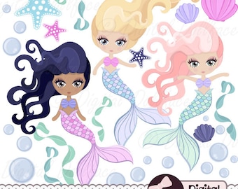 Digital Mermaid Clip Art, Printable Mermaid Download, Clipart Graphics, Images