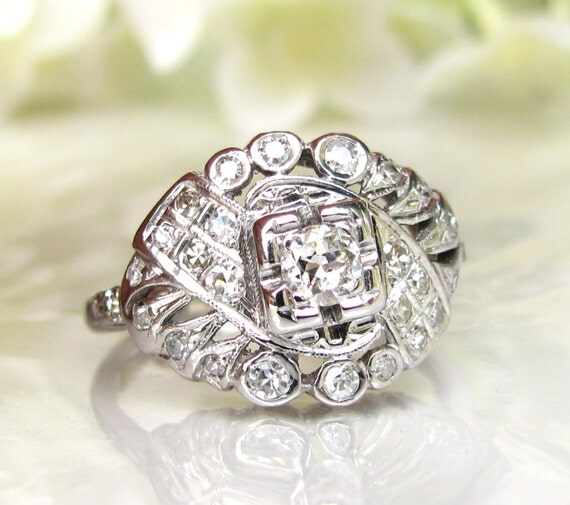 Antique Art Deco Engagement Ring Transitional Cut Diamond 14K White ...