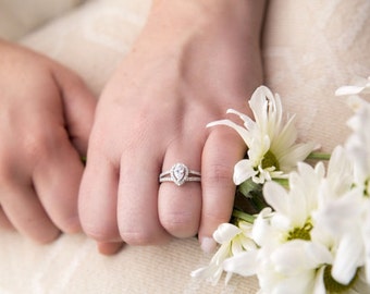 pear cut halo engagement ring promise ring wedding ring split shank small ring 12 carat sterling silver - Teardrop Wedding Ring pear cut halo engagement ring promise ring wedding ring split shank small ring 12 carat sterling silver - Teardrop Wedding Ring