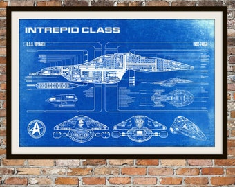 Star Trek Voyager Blueprint Art of Intrepid USS Voyager Class Technical Drawings Engineering Drawings Patent Blue Print Art Item 0100